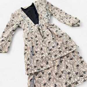 VTG Leslie Fay Black & Cream 2pc Floral Print Suit, Sz 14 - Modern 10-12
